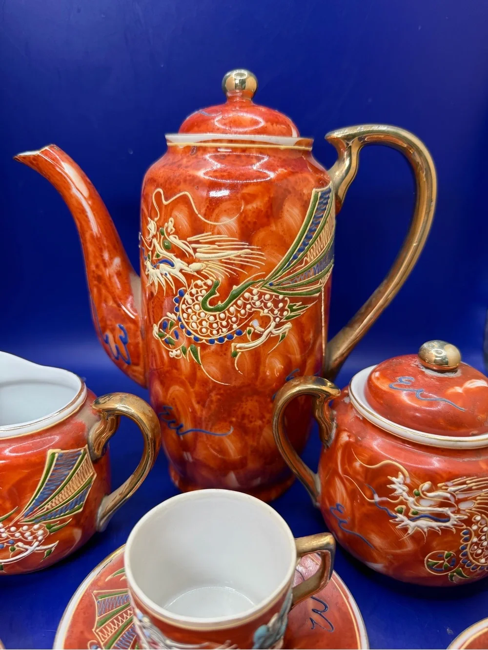Rust Red Dragonware Porcelain Tea Set with Gold Accents - Vintage